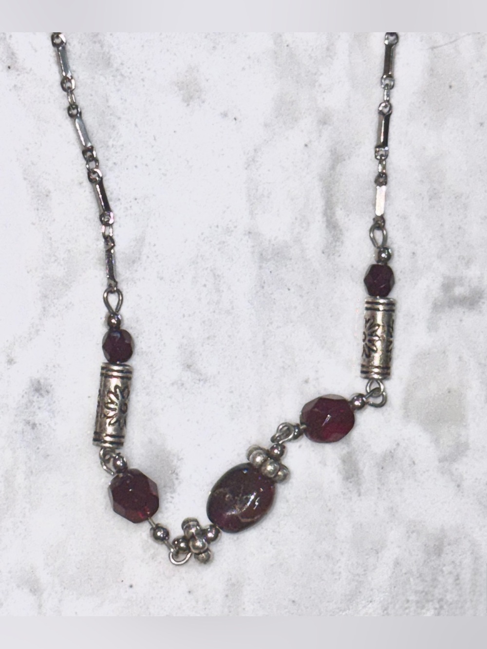 Balinese Style Silver Bar & Link Chain Necklace with Natural Garnet Beads